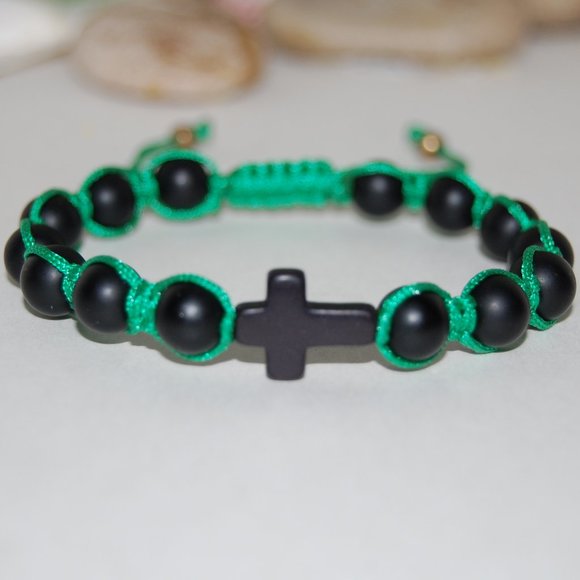 Cross Bracelet,Onyx Bracelet,Drawstring Bracelet,Black Cross Bracelet,Onyx Stone - Picture 2 of 3
